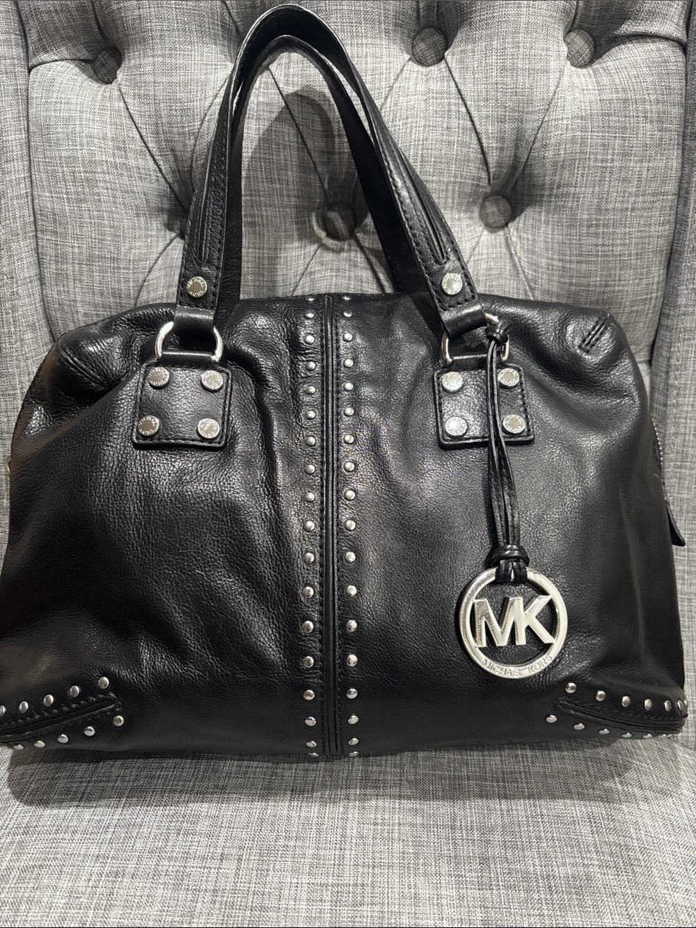 Michael Kors Black Studded Leather Shoulder Bag with MK Charm